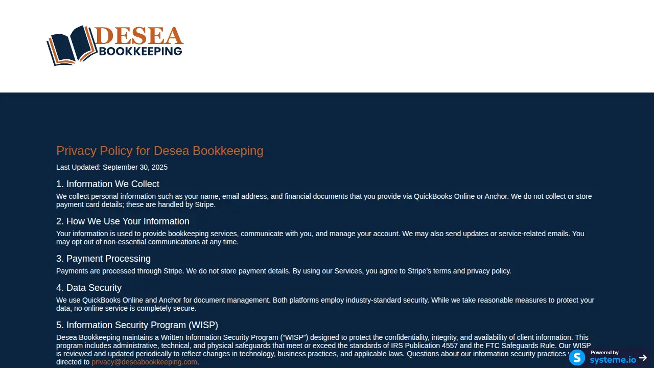 Desea Bookkeeping page
