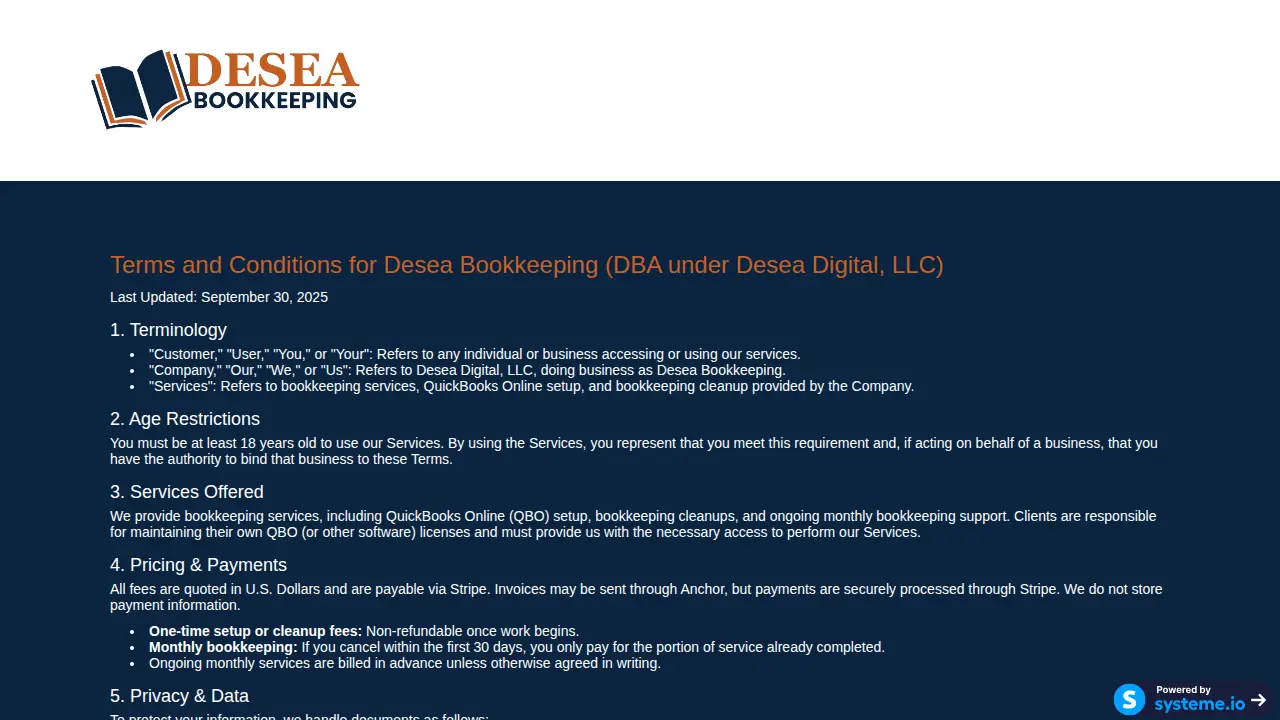 Desea Bookkeeping page