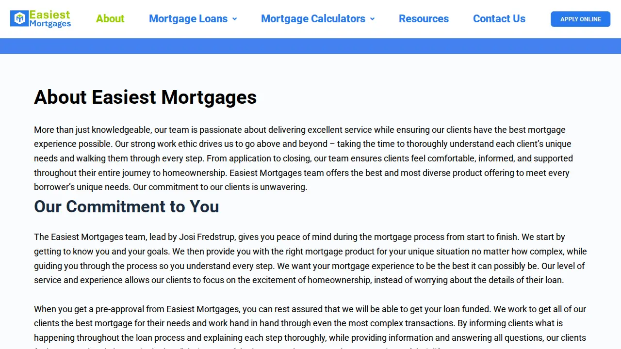 EASIEST MORTGAGE SERVICES page
