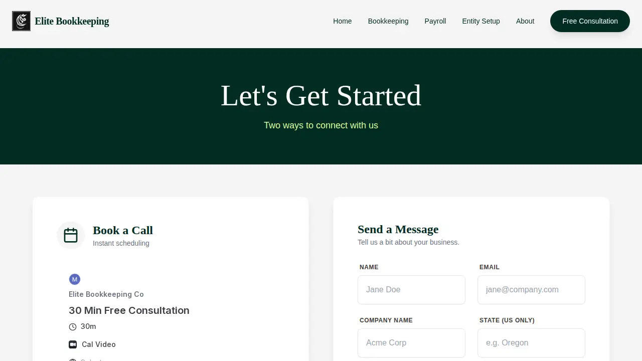 Elite Bookkeeping page