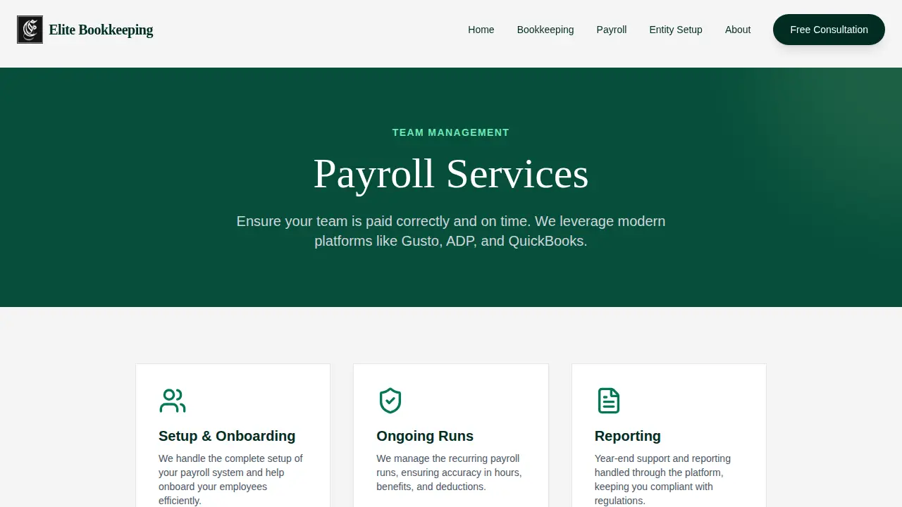 Elite Bookkeeping page