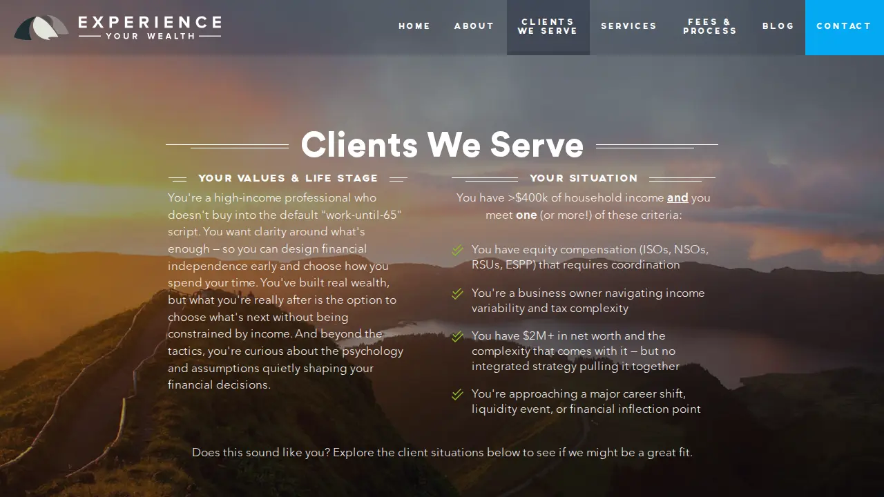 Experience Your Wealth, LLC | Fee-Only Financial Planner page