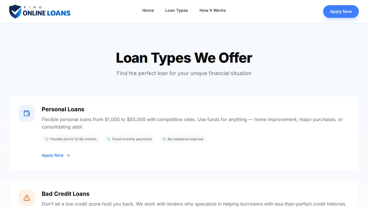 Find Online Loans page