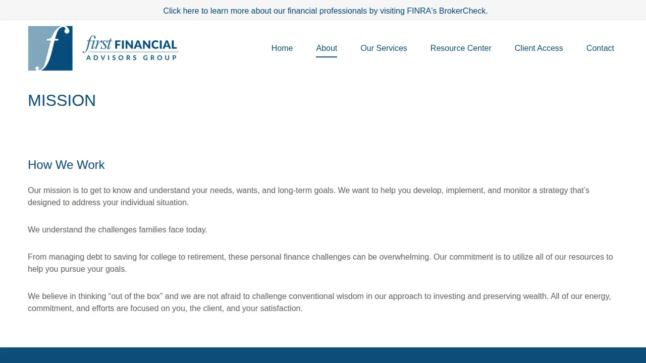 First Financial Advisors Group page