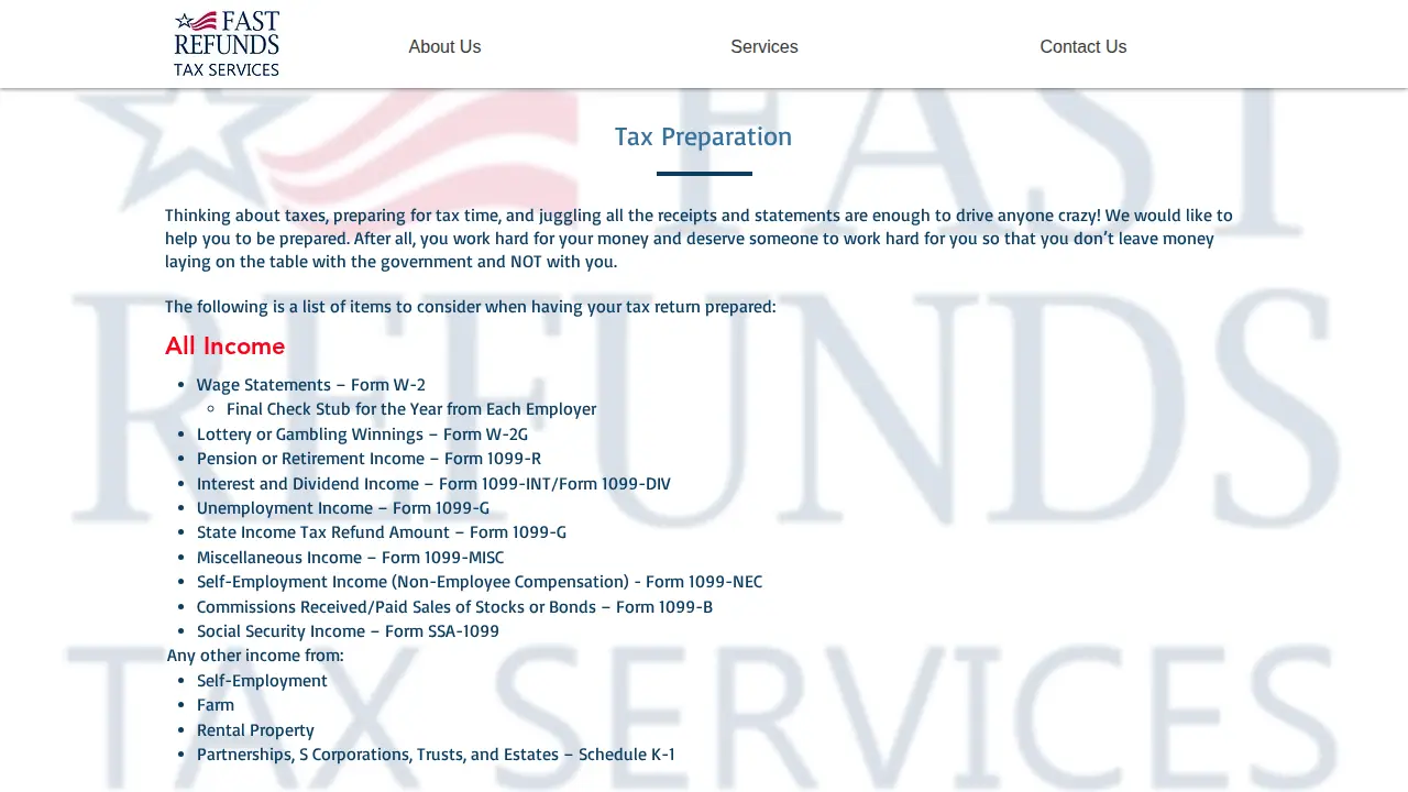Tax Preperation page