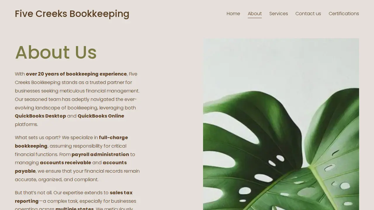 Five Creeks Bookkeeping page