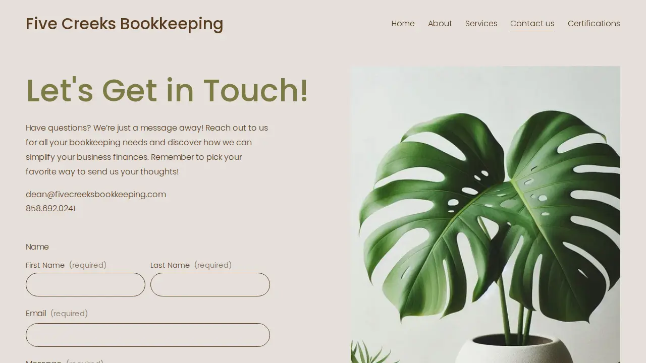 Five Creeks Bookkeeping page