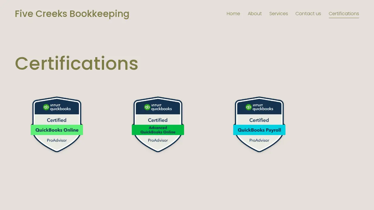Five Creeks Bookkeeping page
