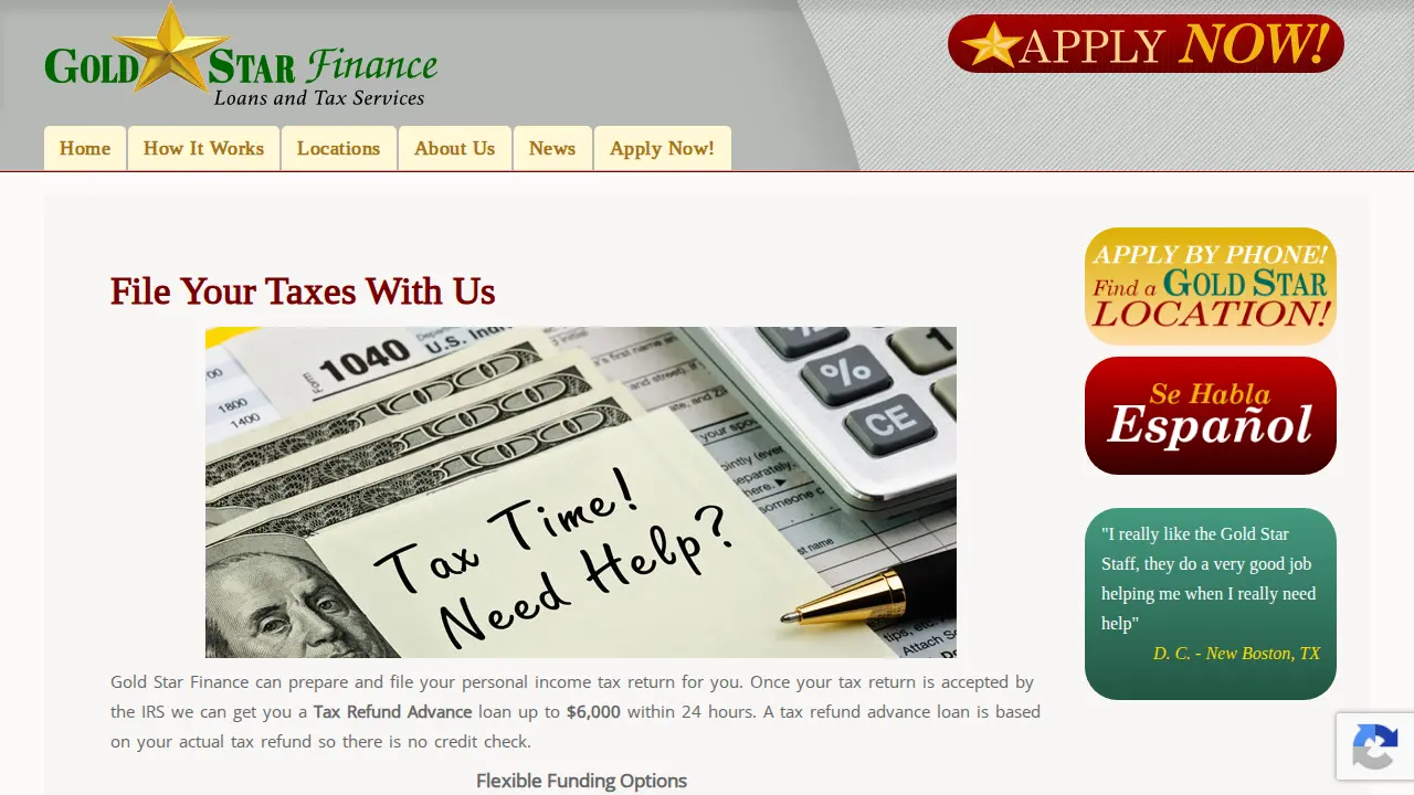 Gold Star Finance Loans-Tax Service page