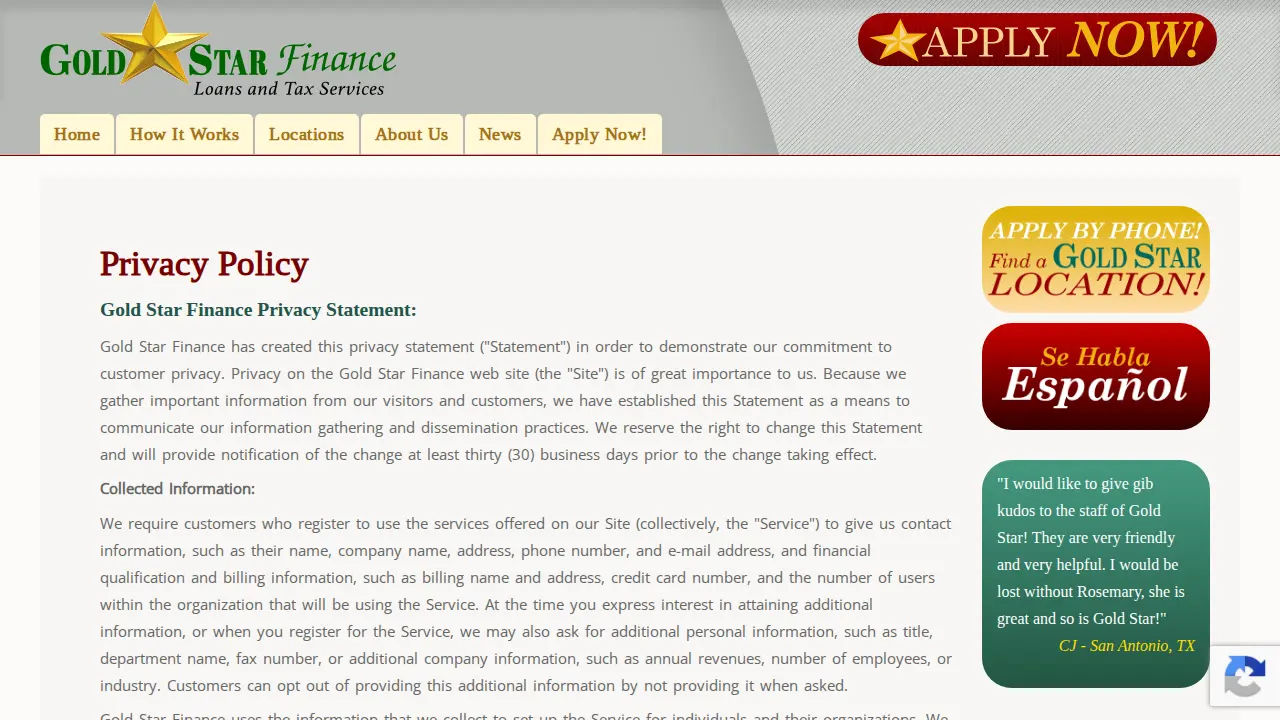 Gold Star Finance Loans-Tax Service page