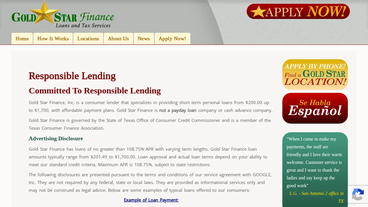 Gold Star Finance Loans-Tax Service page