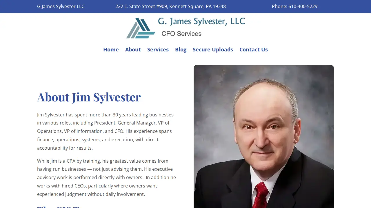 G James Sylvester LLC - a CFO Services Company page