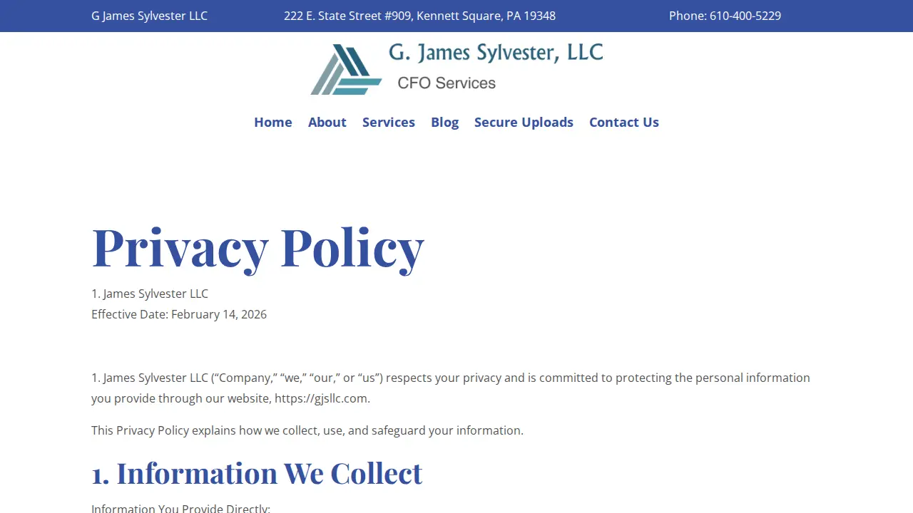 G James Sylvester LLC - a CFO Services Company page
