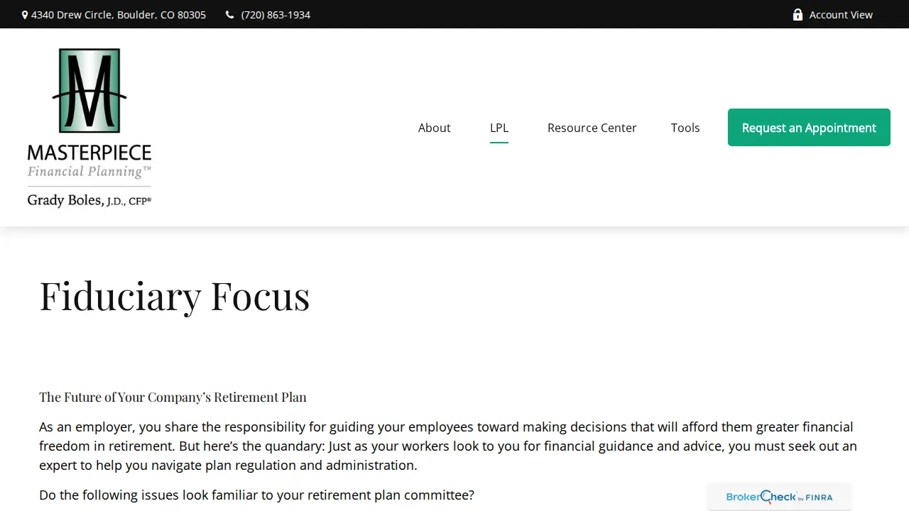 Masterpiece Financial Planning page