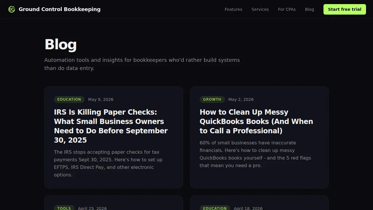 Ground Control Bookkeeping page