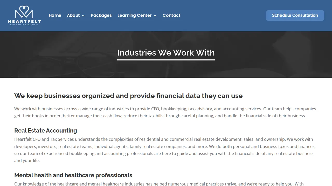 Heartfelt CFO & Tax Services page
