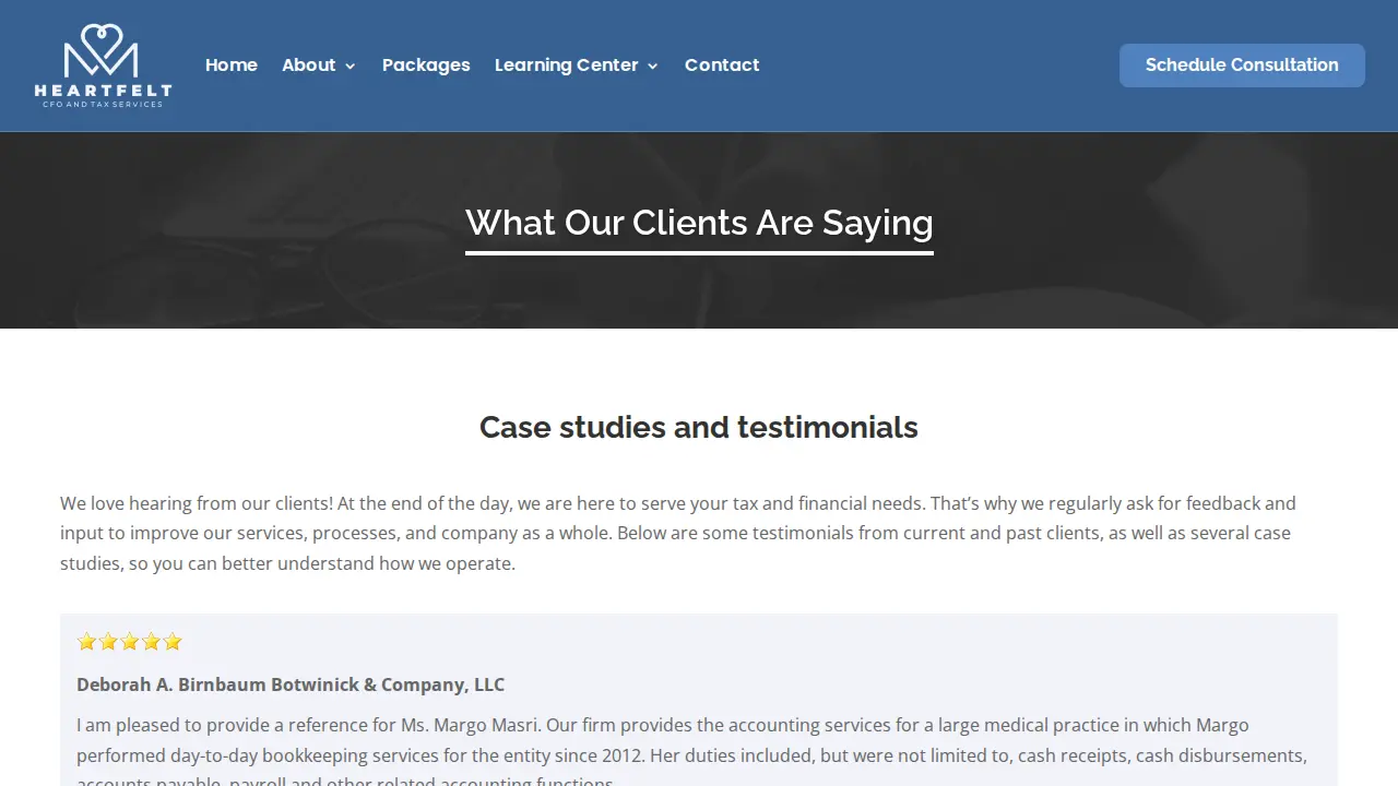 Heartfelt CFO & Tax Services page
