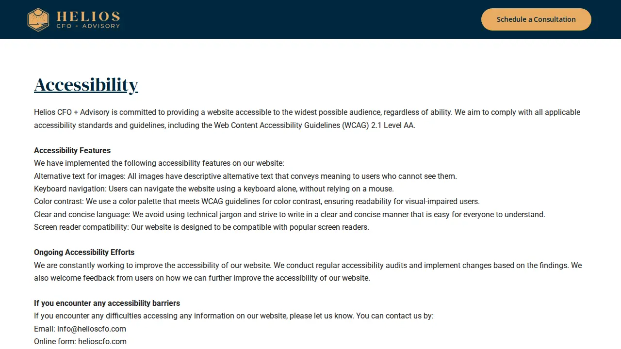 Helios CFO + Advisory page