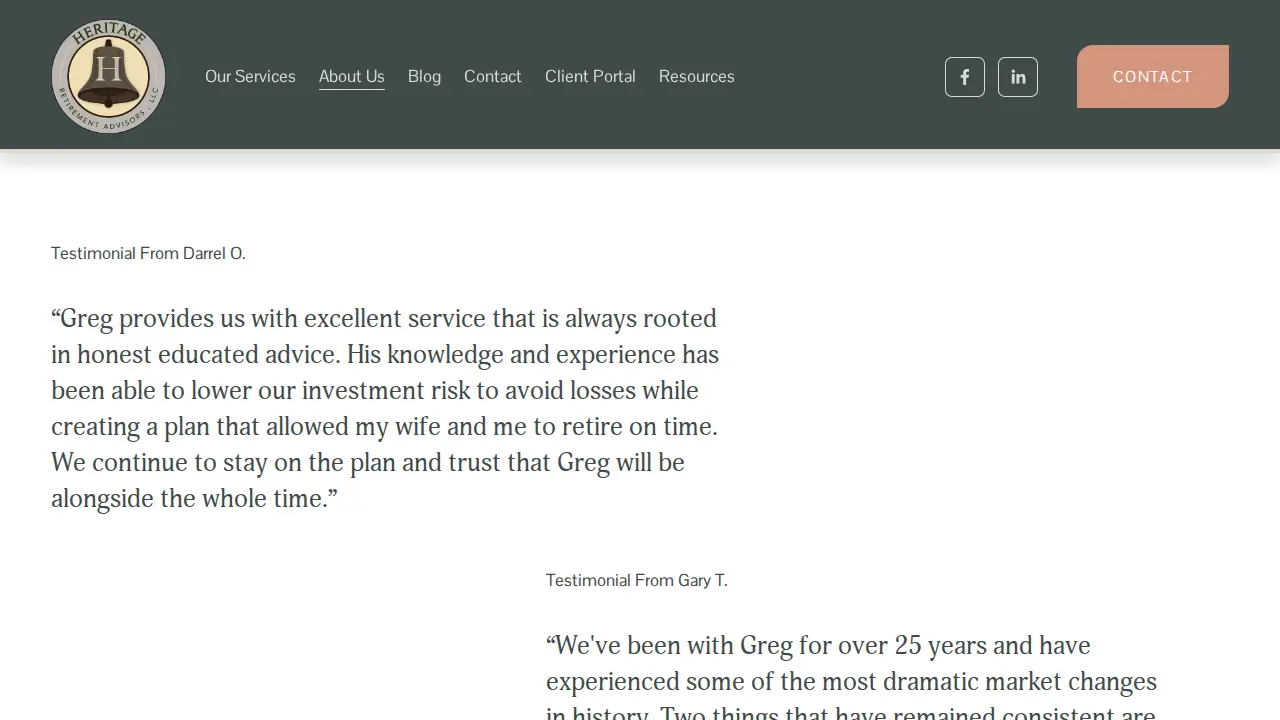 Heritage Retirement Advisors page