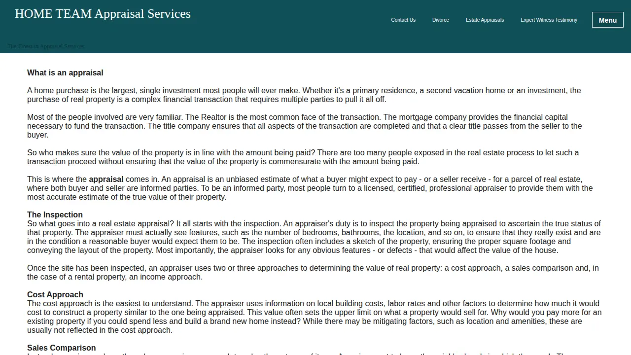 HOME TEAM Appraisal Services page