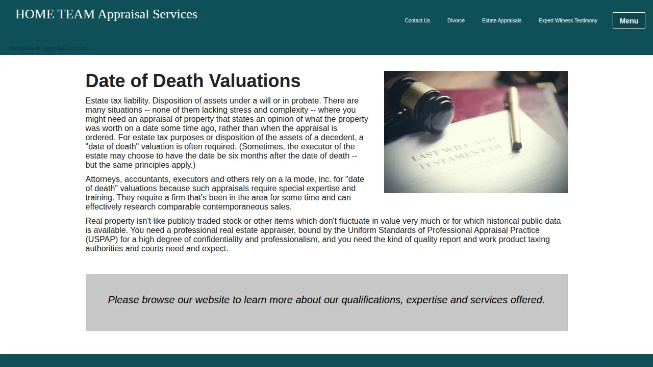 HOME TEAM Appraisal Services page
