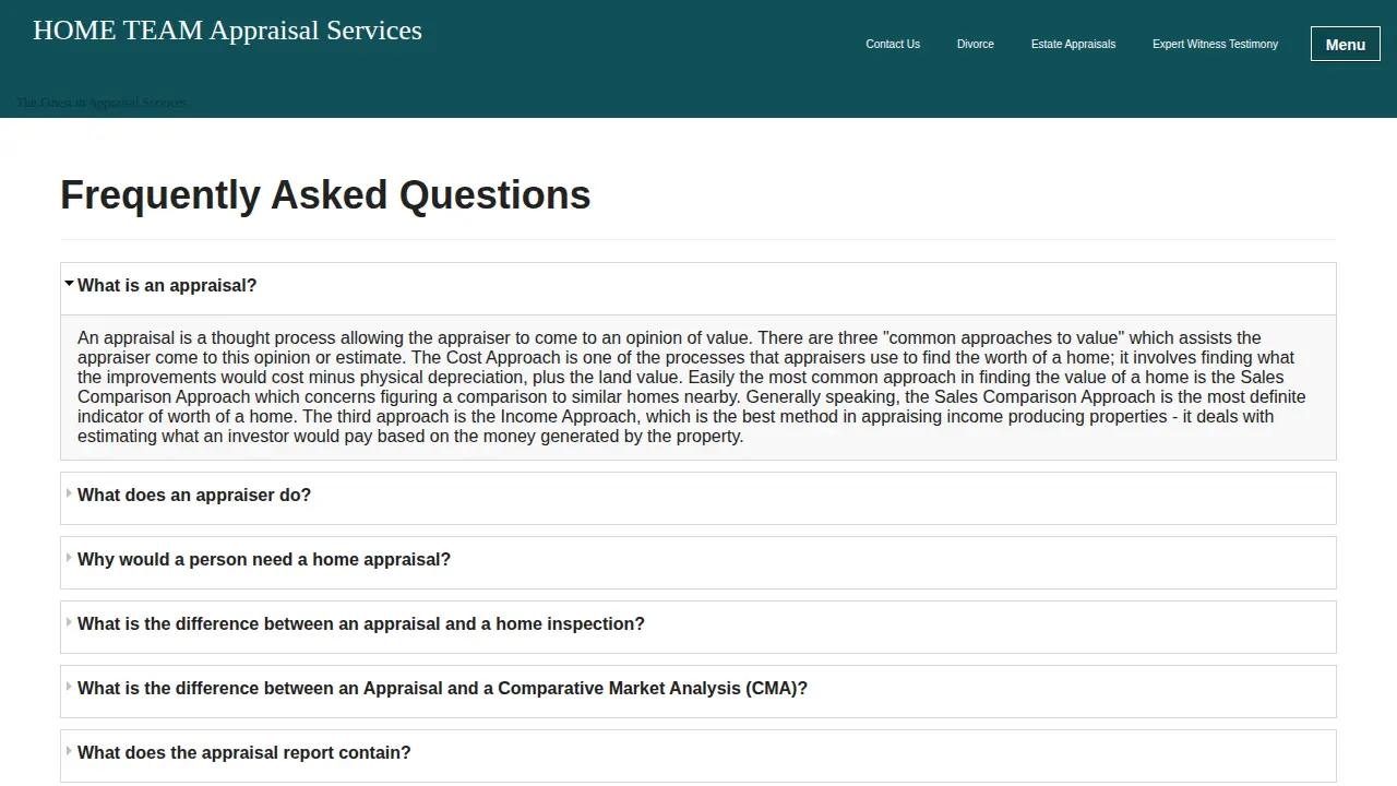 HOME TEAM Appraisal Services page