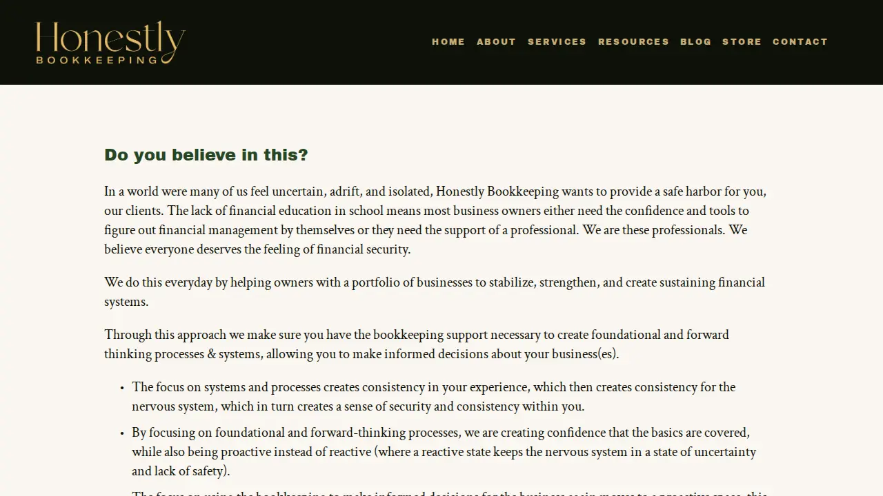 Honestly Bookkeeping page