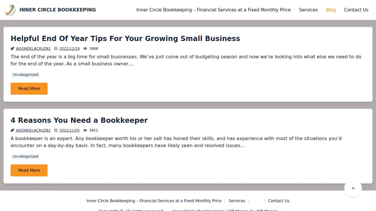Inner Circle Bookkeeping page