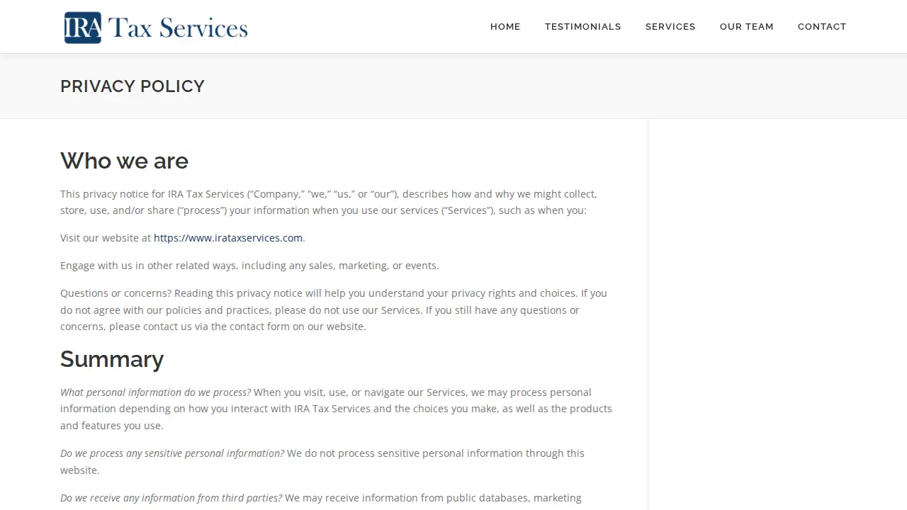 Ira Tax Services page