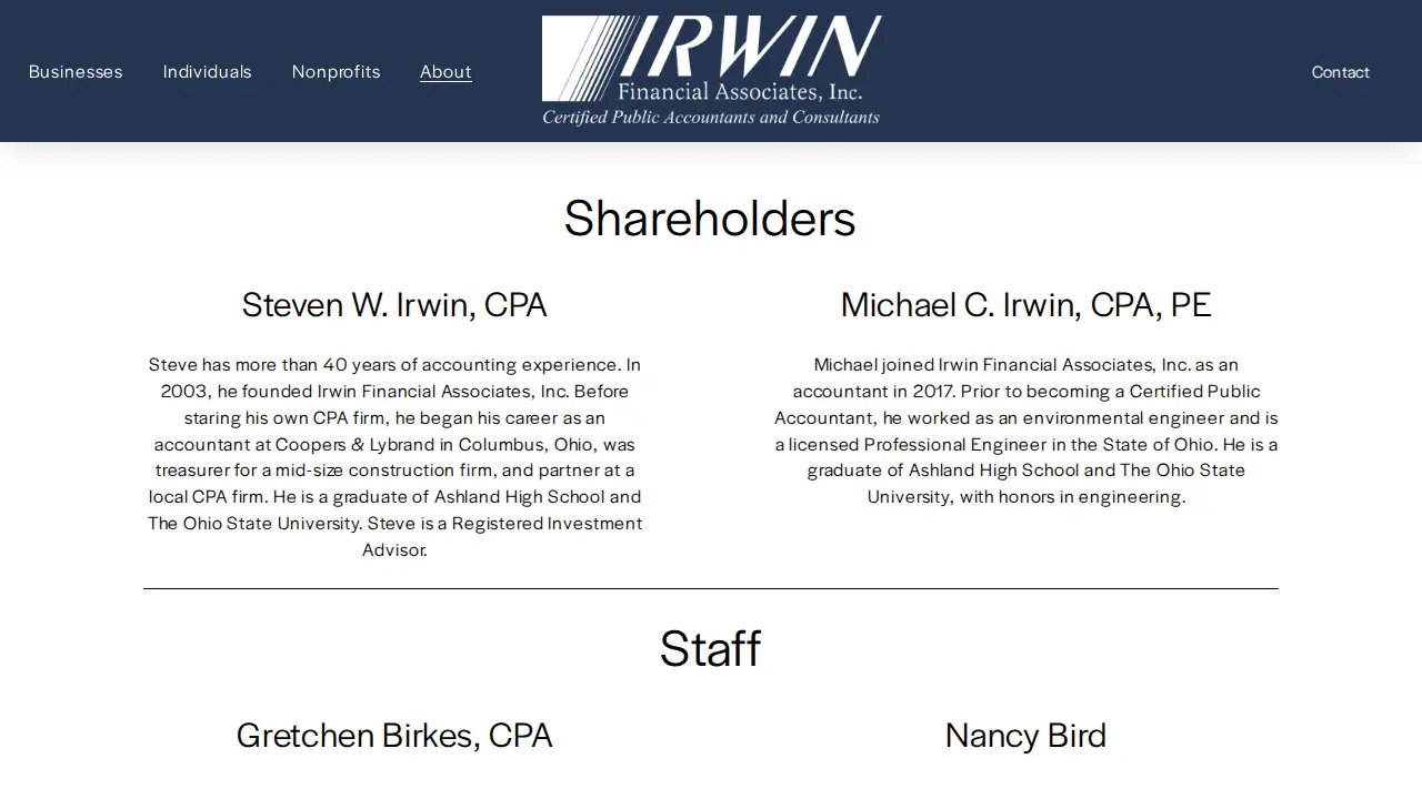 Irwin Financial Associates CPA Firm page