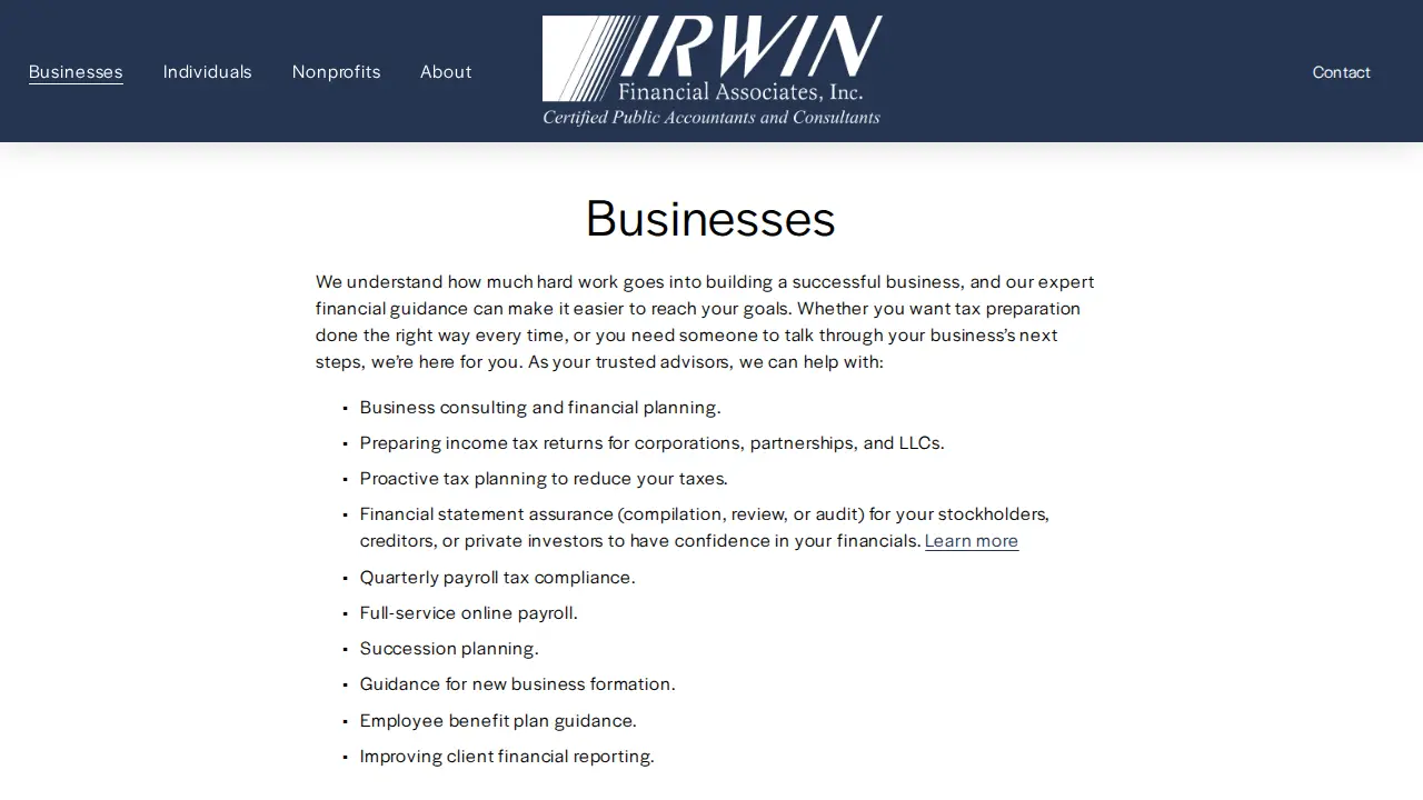 Irwin Financial Associates CPA Firm page