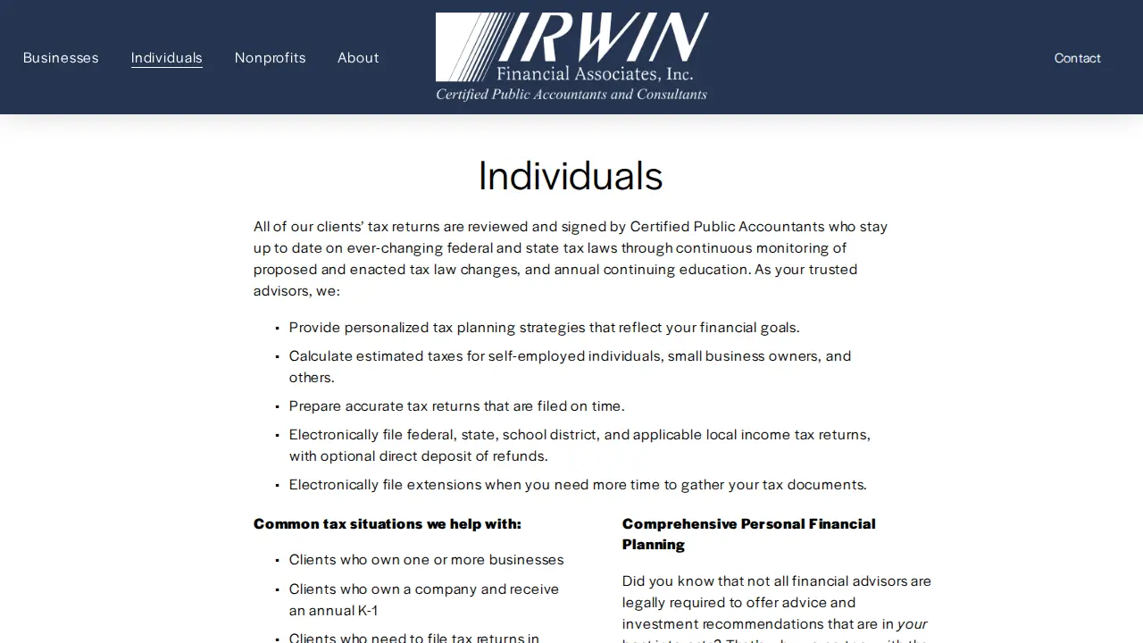 Irwin Financial Associates CPA Firm page