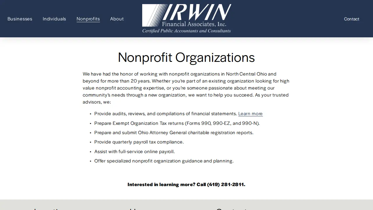 Irwin Financial Associates CPA Firm page
