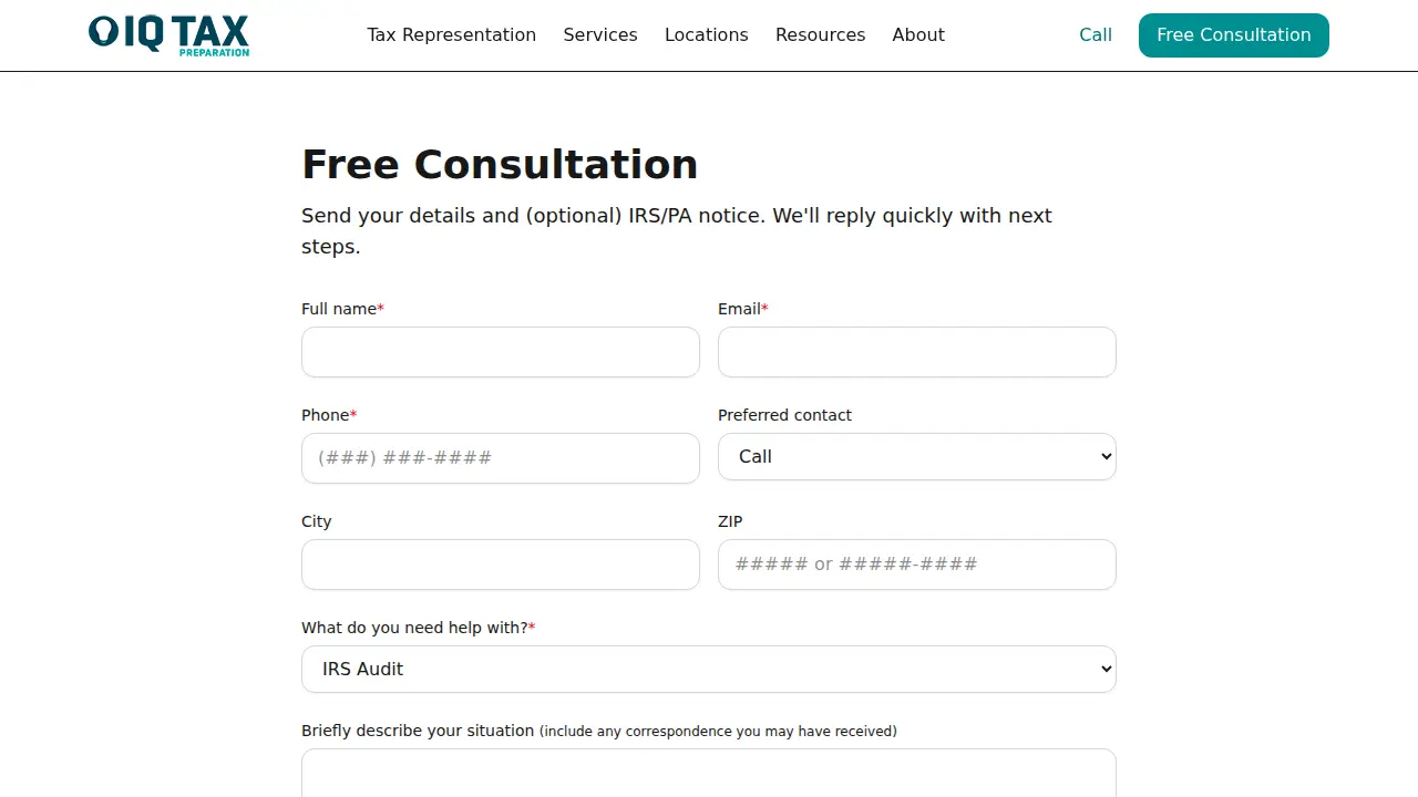 IQ Tax Preparation page