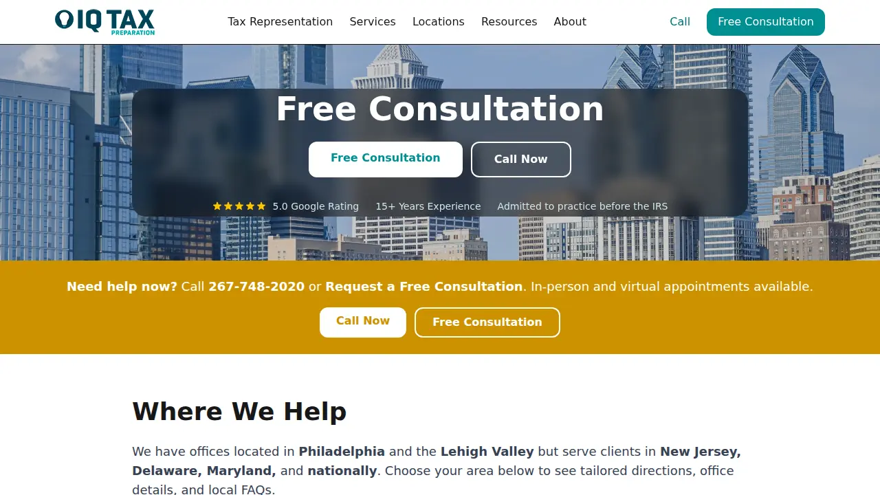 IQ Tax Preparation page