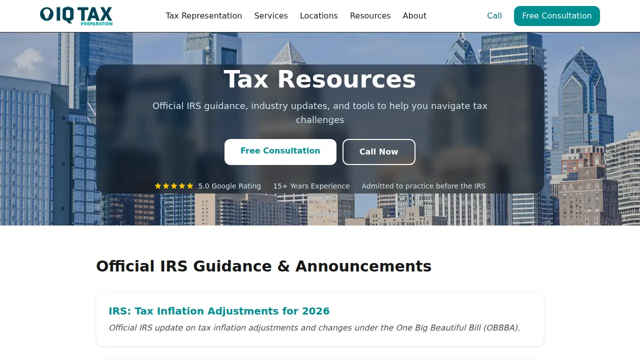 IQ Tax Preparation page