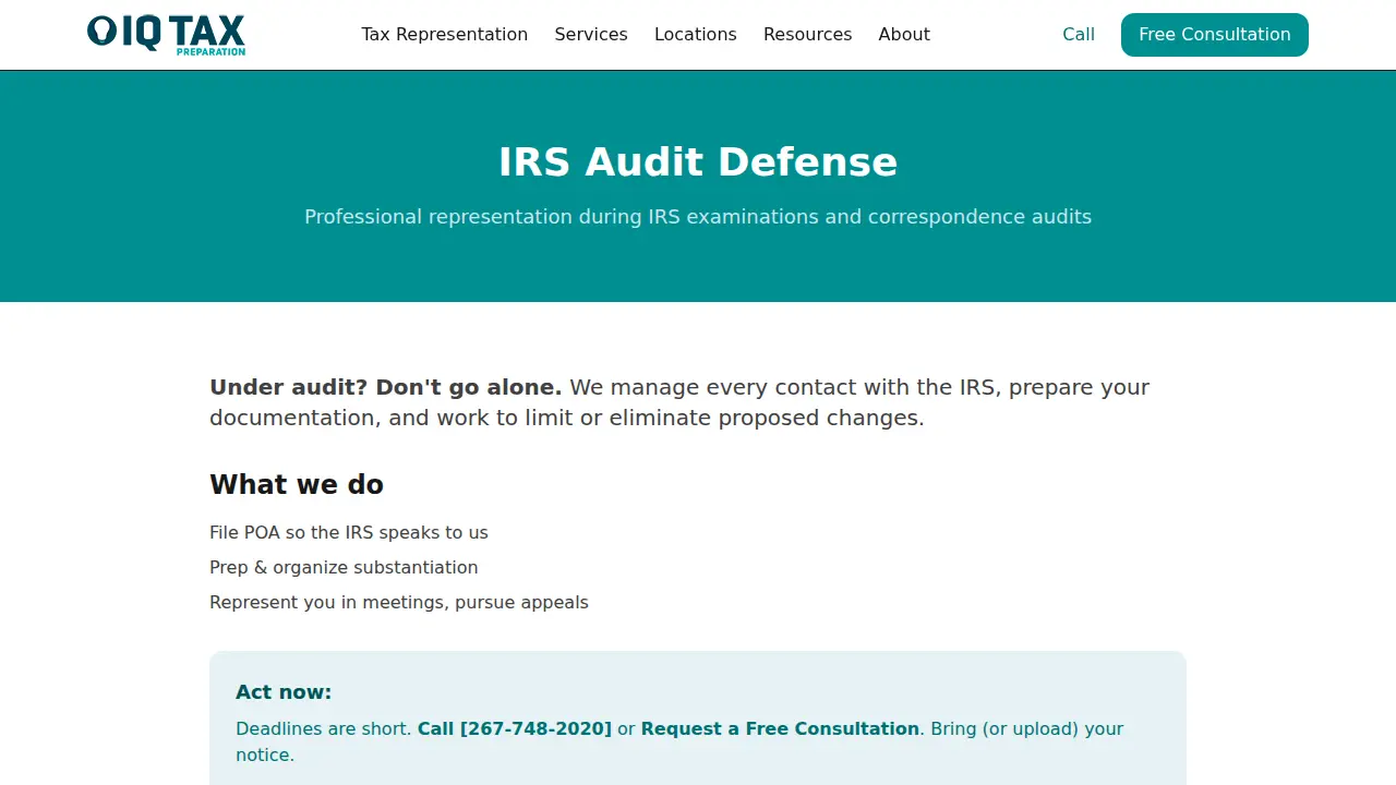 IQ Tax Preparation page