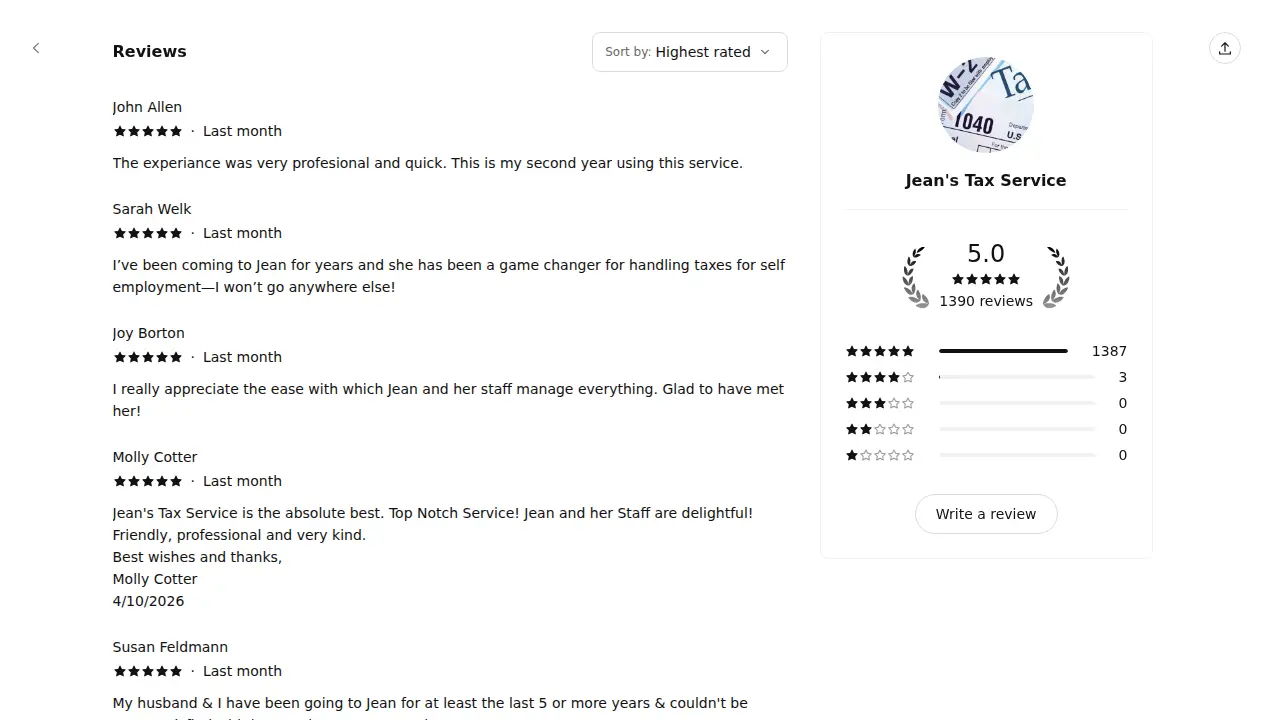 Jean's Tax Service page