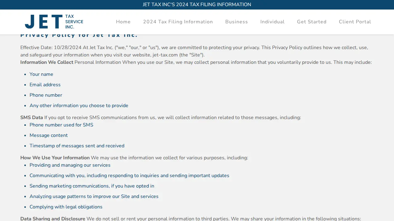 Jet Tax Service page