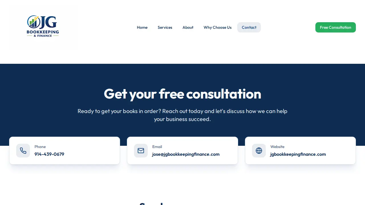 JG Bookkeeping & Finance page