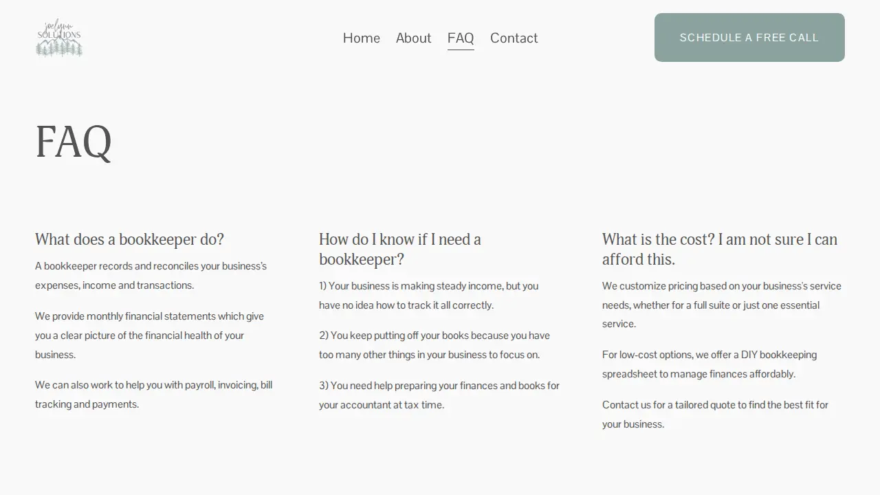 Joelynn Solutions Bookkeeping page