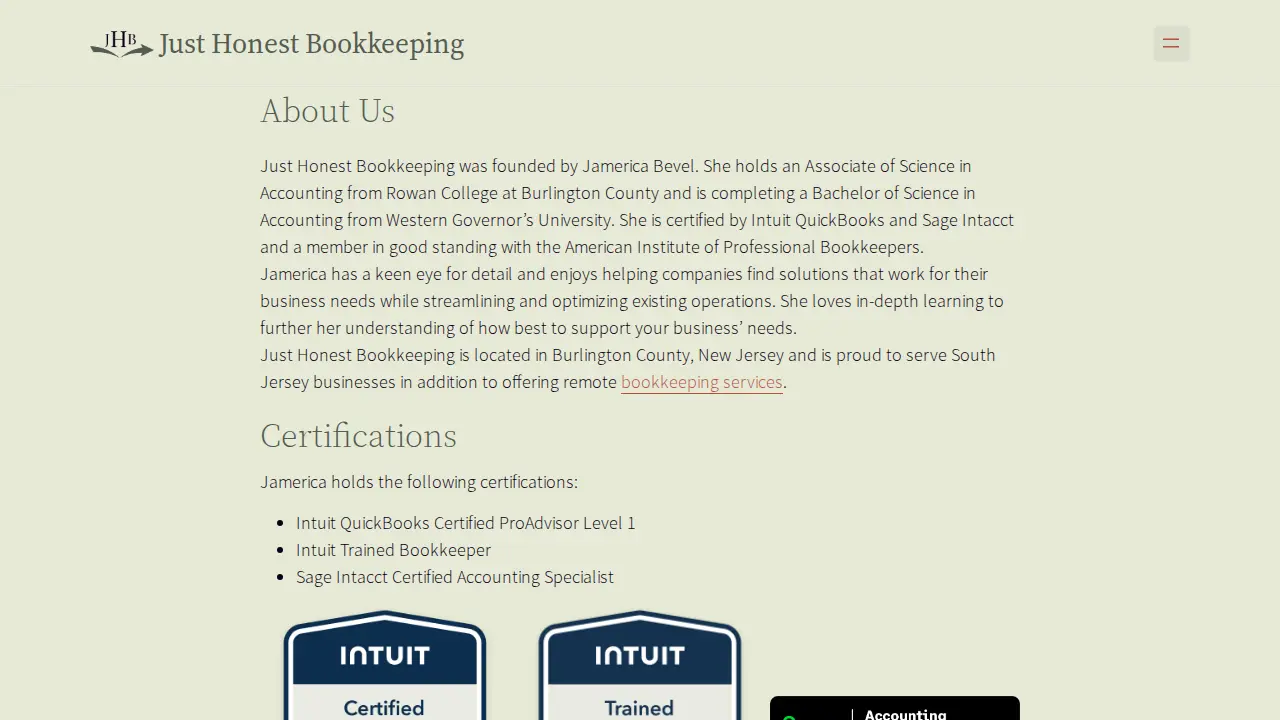 Just Honest Bookkeeping page