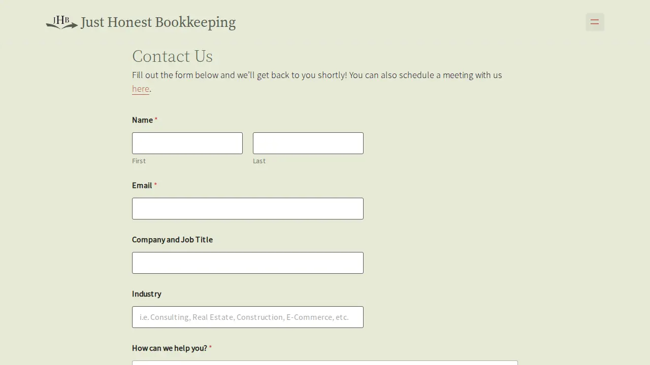 Just Honest Bookkeeping page
