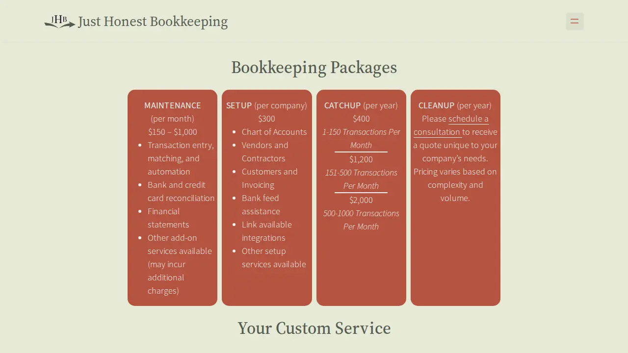 Just Honest Bookkeeping page