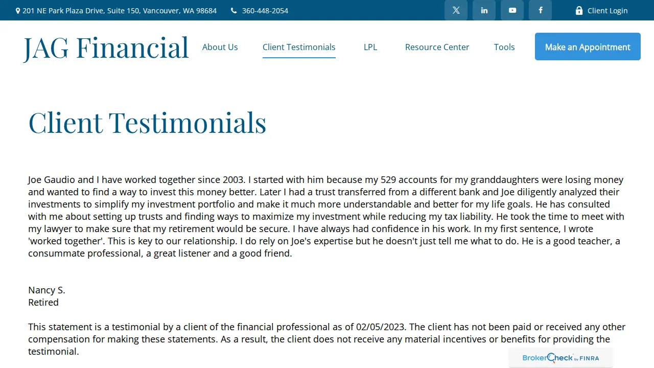 JAG Financial page