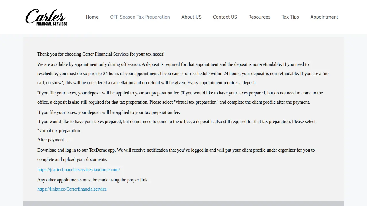 Carter Financial Services page
