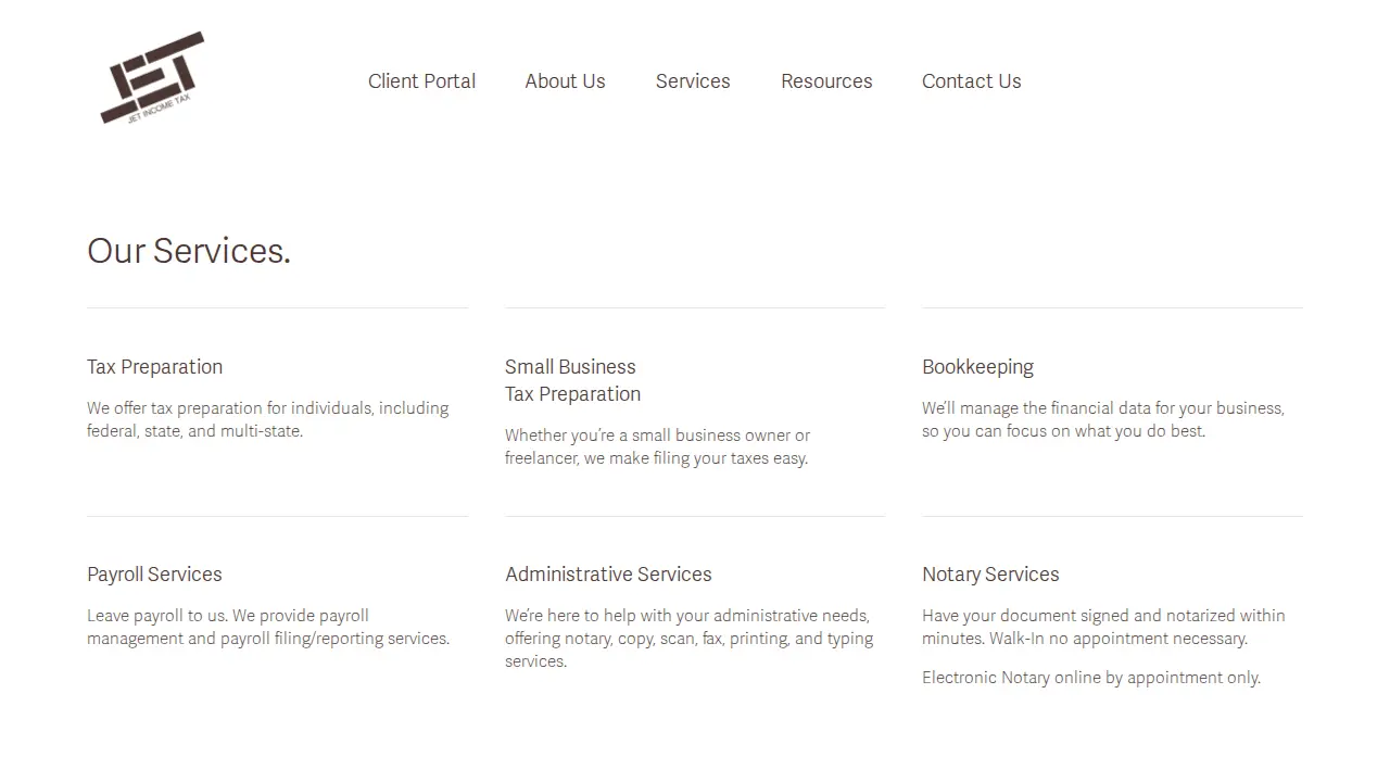 Jet Income Tax-Tax Preparation, Accounting, Notary page