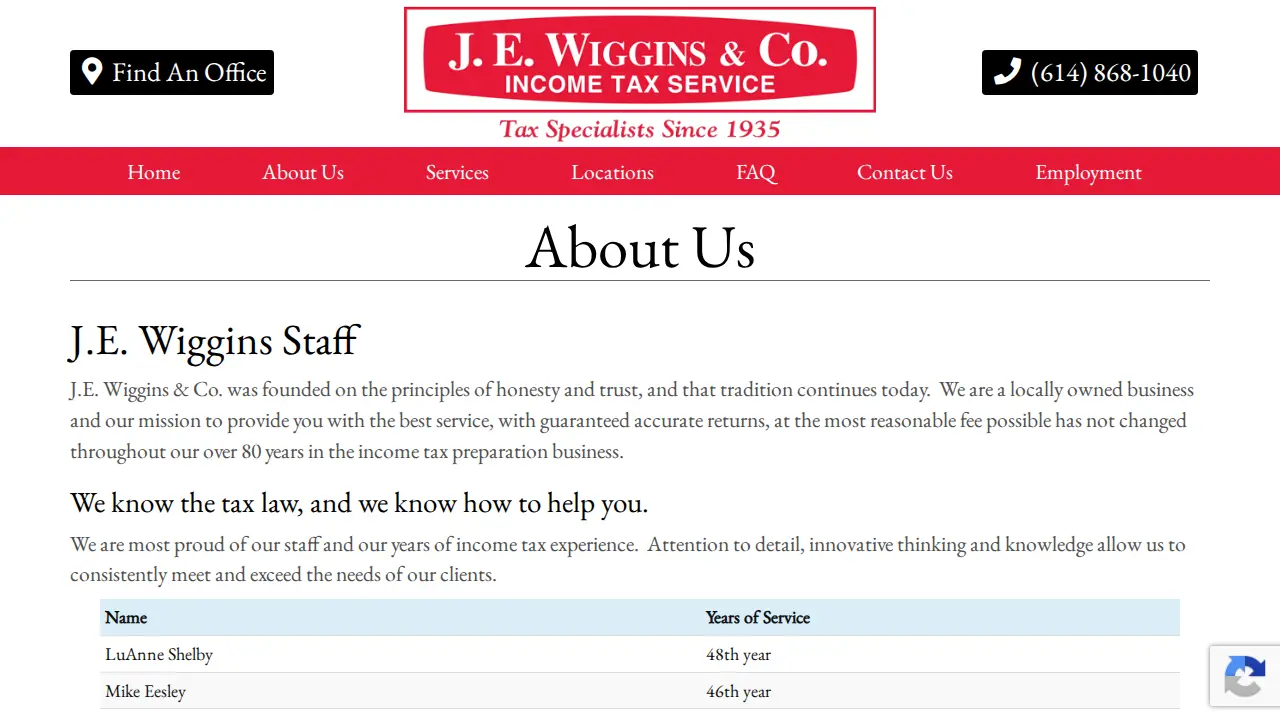 J. E. Wiggins & Co. Income Tax Service page