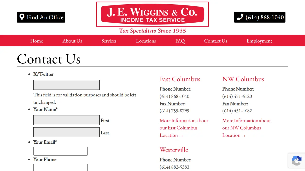 J. E. Wiggins & Co. Income Tax Service page