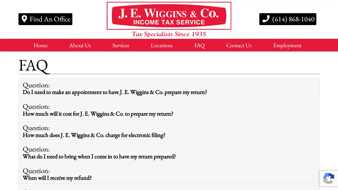 J. E. Wiggins & Co. Income Tax Service page